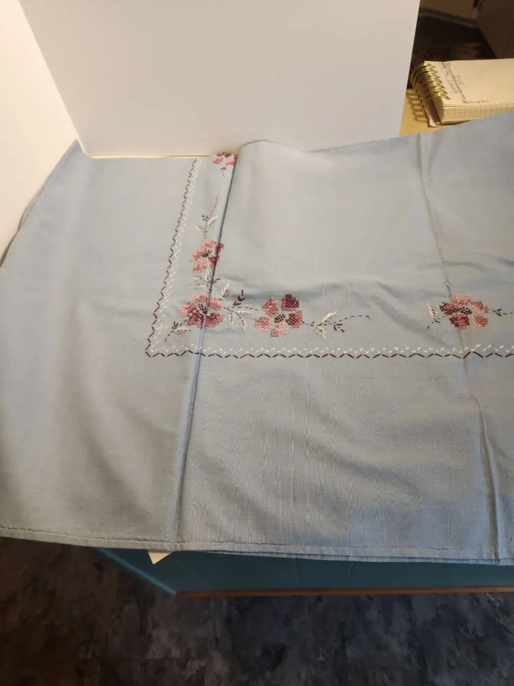 Vintage Colorful  blue Card Tablecloth Set Embroidered 4 napkins